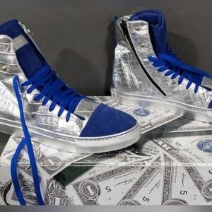 Silver Metallic and Blue High-Top Sneakers